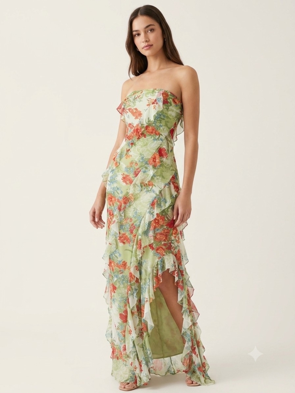 Strapless Floral Cascading Ruffle Maxi Dress Romantic Y2k Elegant Cottagecore
